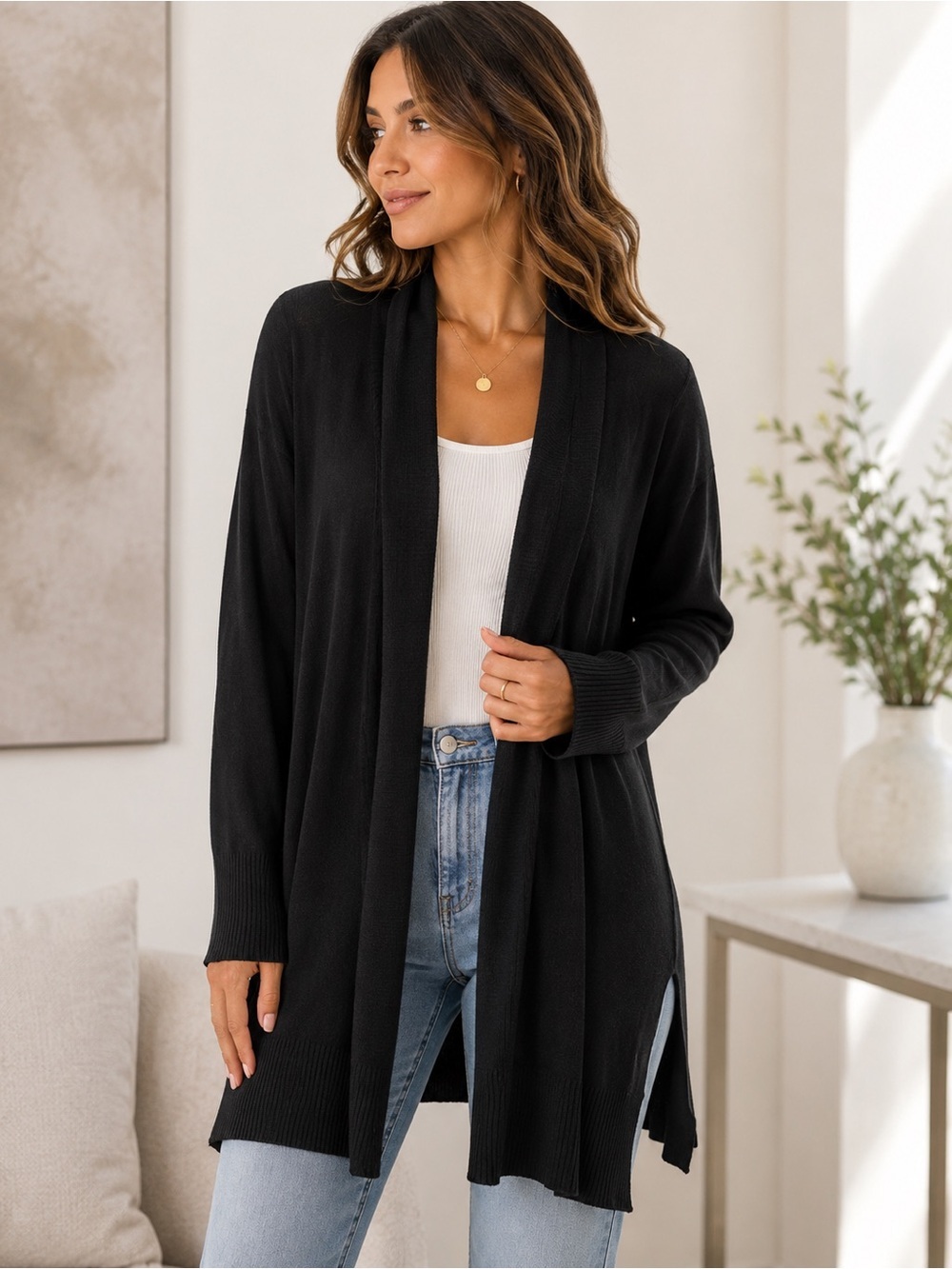 White + Warren Black High Rib Open Cotton Cardigan Medium Sweater Long Sleeve